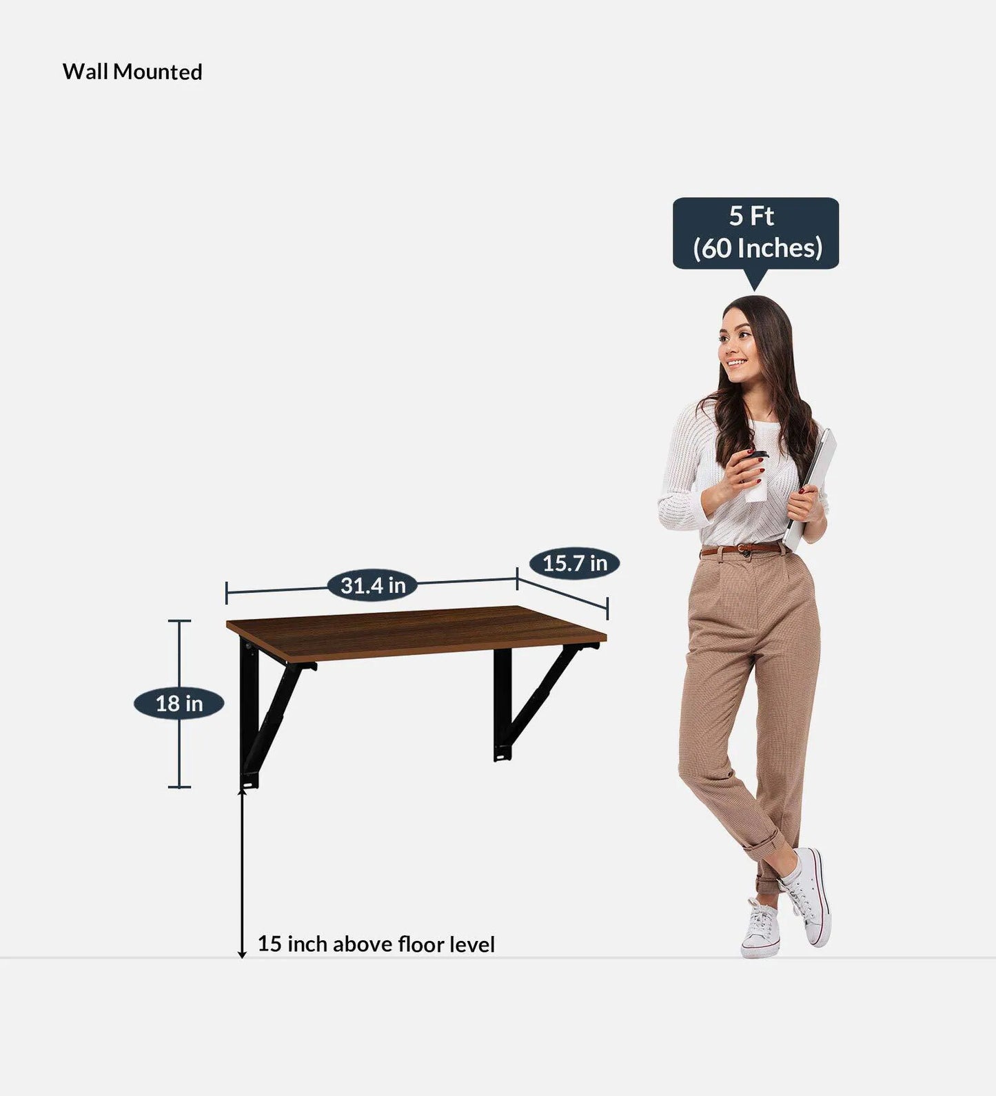 Premium Wall Mounted Folding Table | Oak Brown Finish | Free Installation in Mumbai & Navi Mumbai | Space-Saving Study/Work Desk by Verbal Home